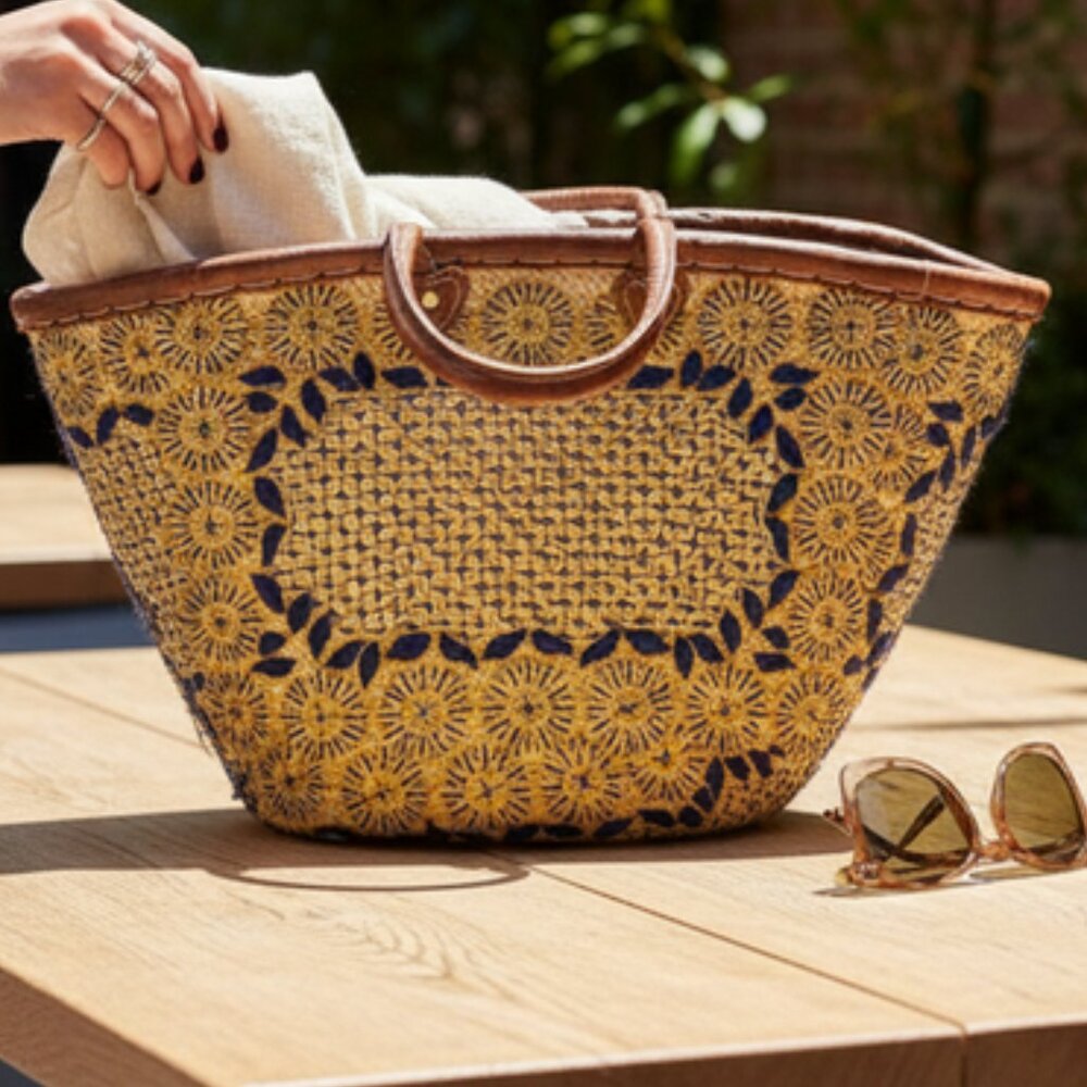 Large Handwoven Mexican Artisan Tote | Navy, Gold & Leather Trim